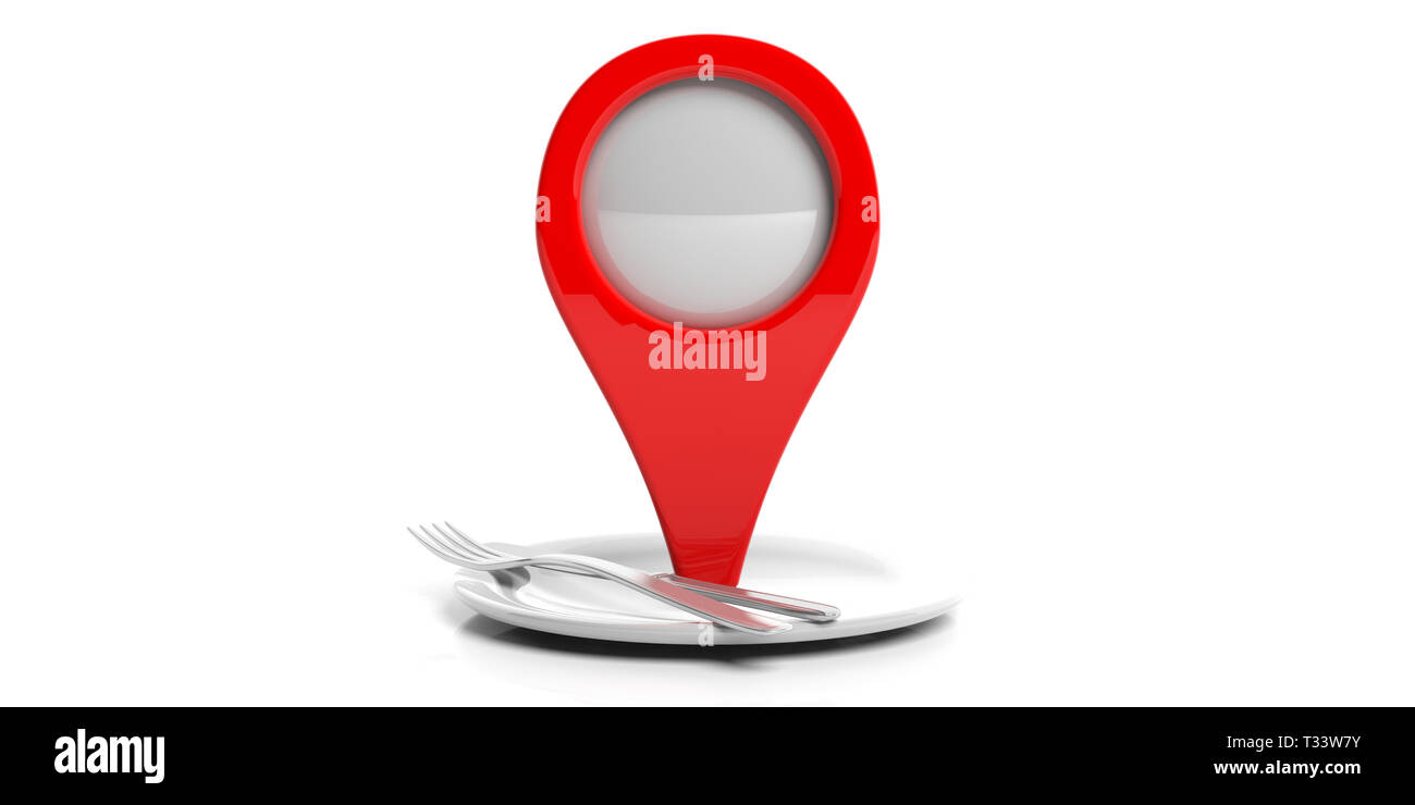Restaurant, Fast food Konzept. Red Ortszeiger und Tabelle zur Einstellung der Farbe weiß Hintergrund isoliert. 3D-Darstellung Stockfoto