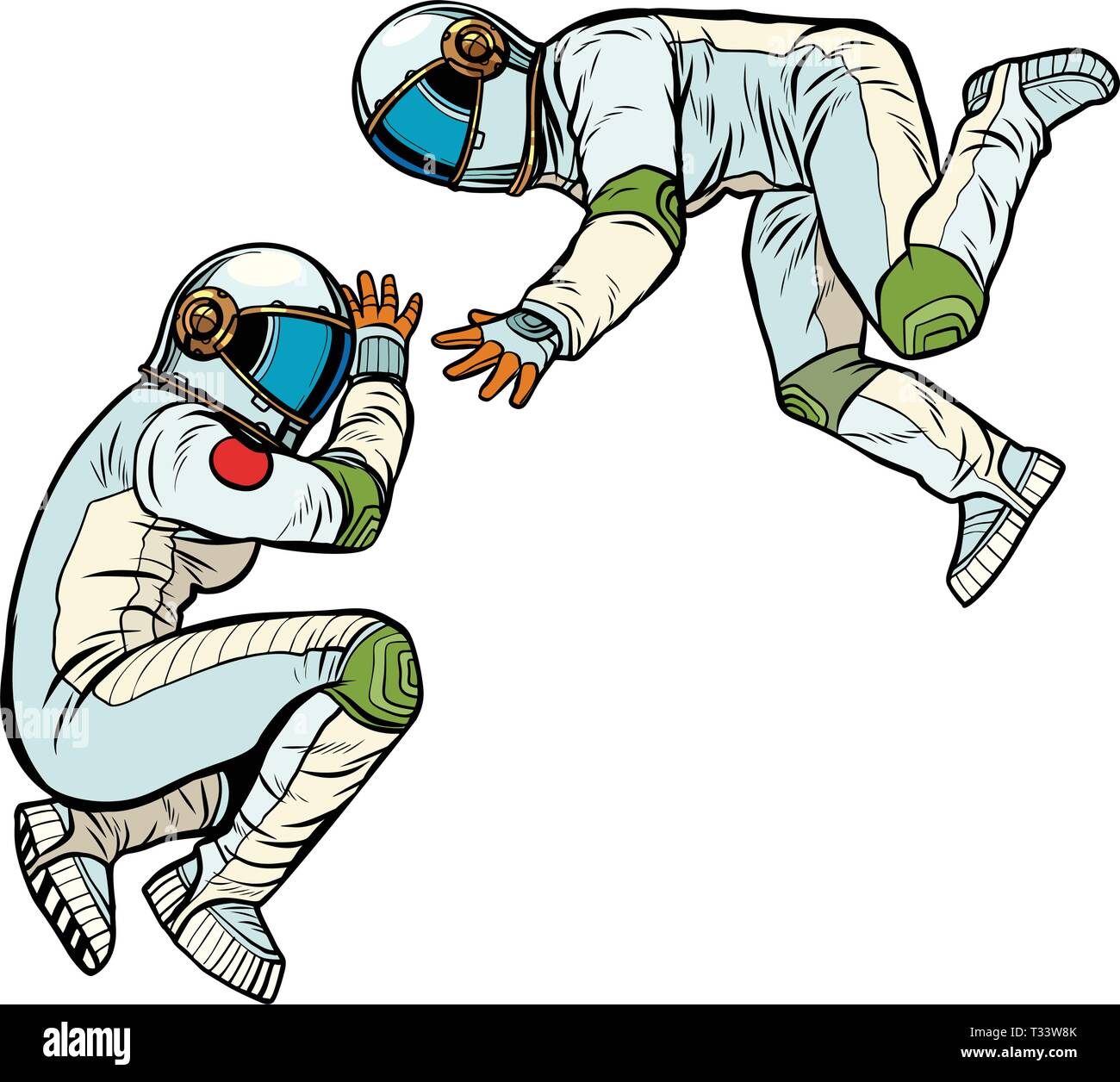 Zwei Astronauten in der Schwerelosigkeit. Pop Art retro Vektor Illustration kitsch Vintage Stock Vektor