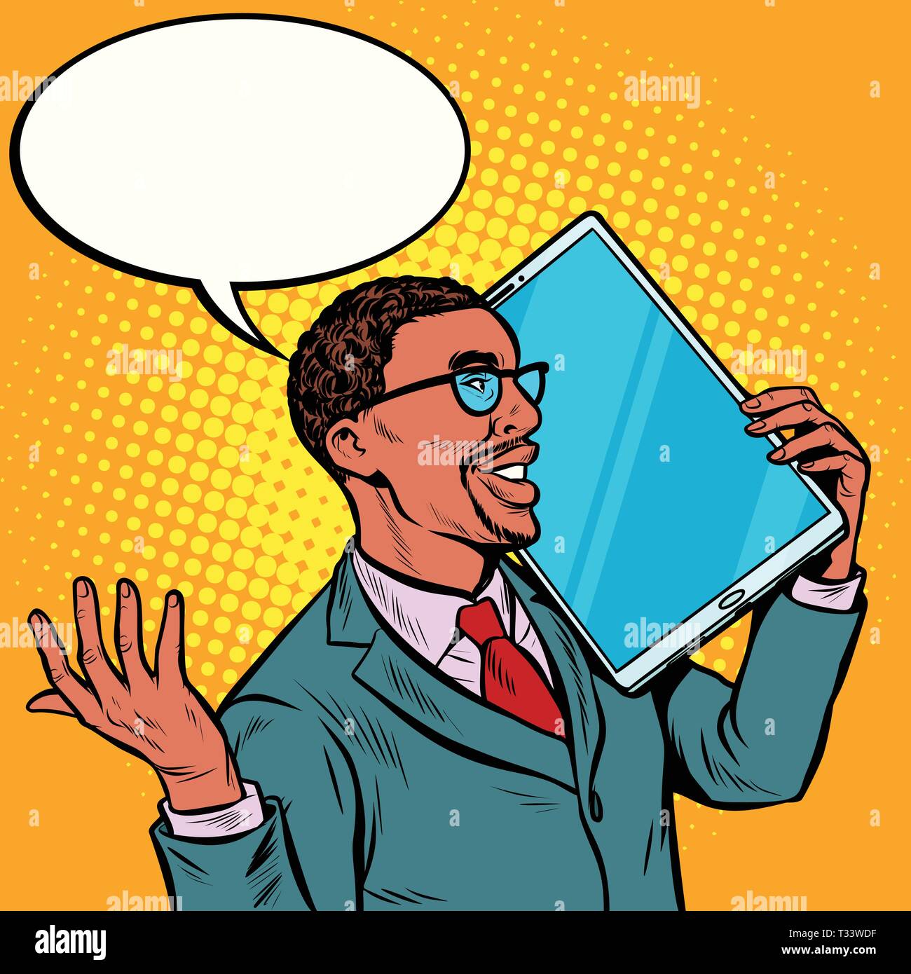 Afrikanische Unternehmer sprechen über das Telefon mit einem sehr großen Bildschirm, Tablet. Humor gadgets Technik. Pop Art retro Vektor Illustration vintage Kitsch 5. Stock Vektor