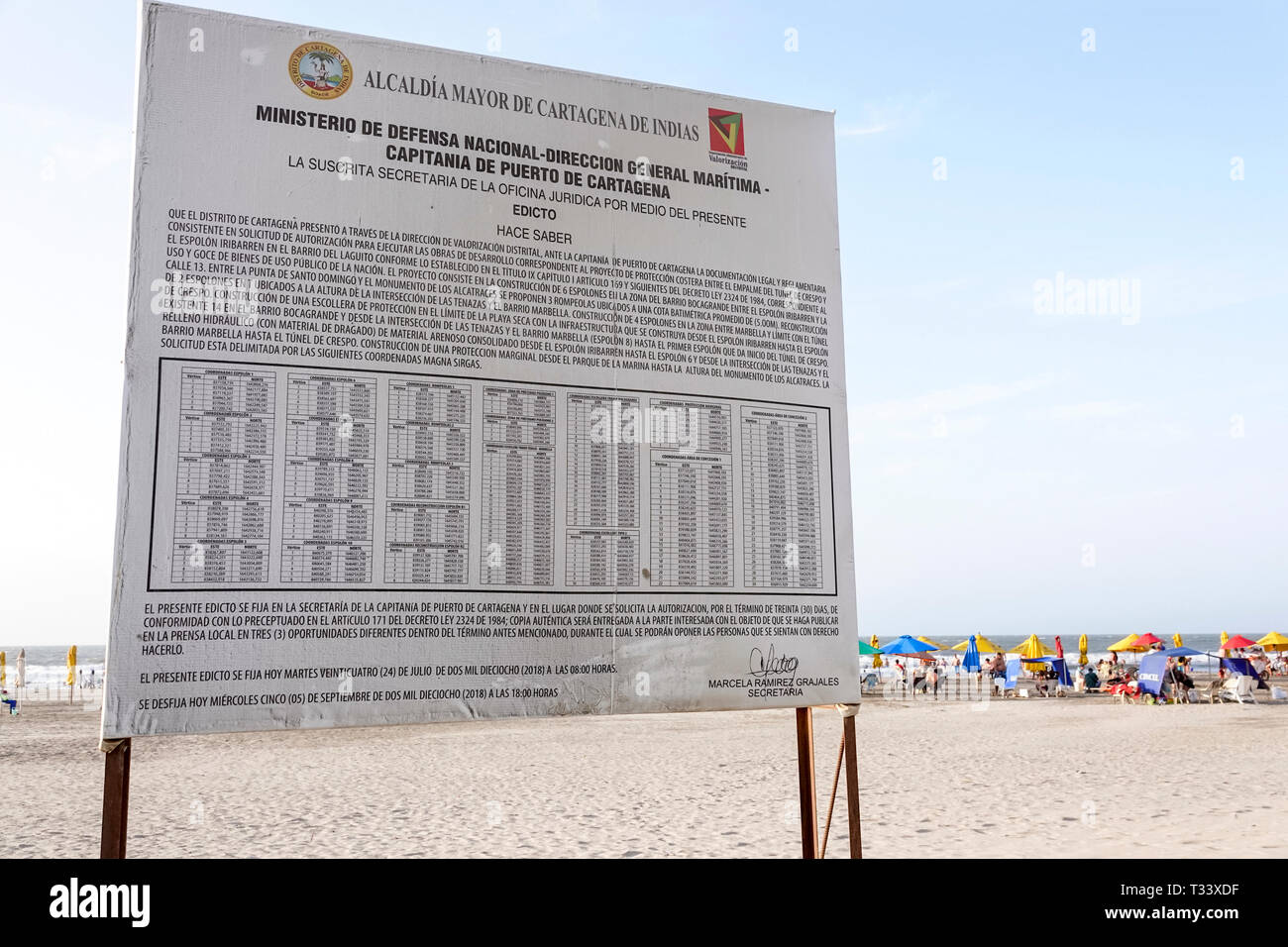 Cartagena Kolumbien, Karibischer Ozean, Bocagrande, Strand, Resolution der Stadtverwaltung, öffentliche Bekanntmachung zum Wiederaufbau des Strandes, Informationen, Schild, COL190121146 Stockfoto
