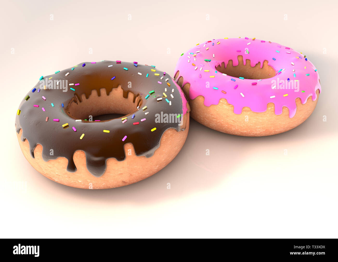 3D-Render von zwei Donuts auf einem weißen Hintergrund von vorne gesehen Stockfoto