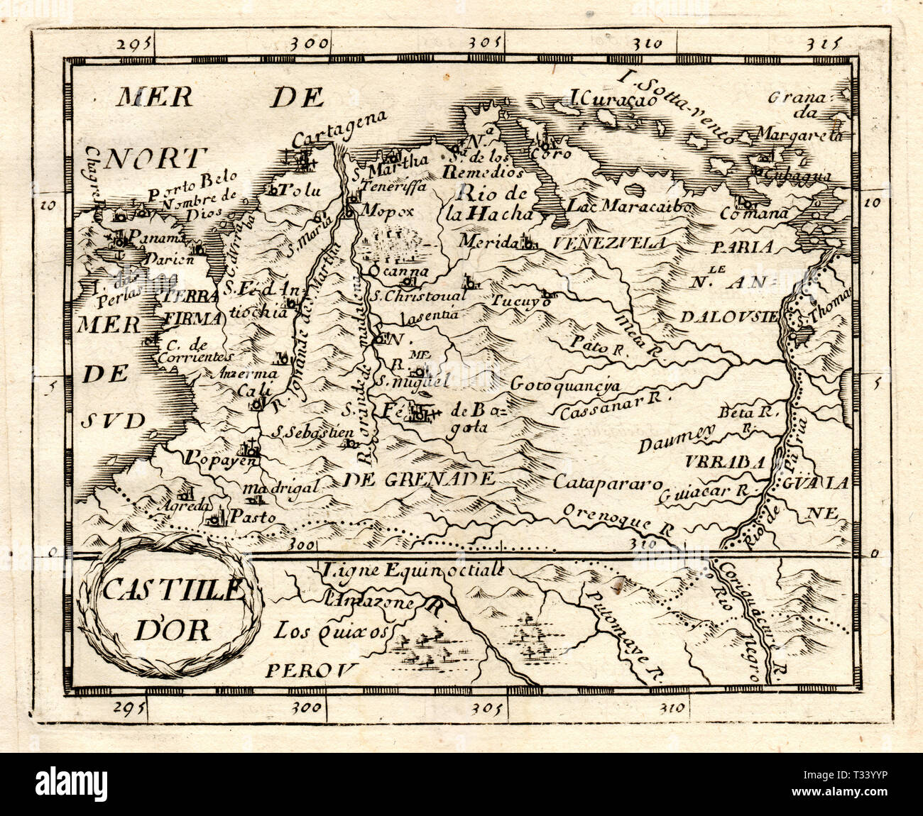 Antike Karte im Nordwesten von Südamerika mit der Region New Granada oder Kolumbien, Panama, Venezuela, von Pierre Duval, in Paris veröffentlicht, 1682 Stockfoto