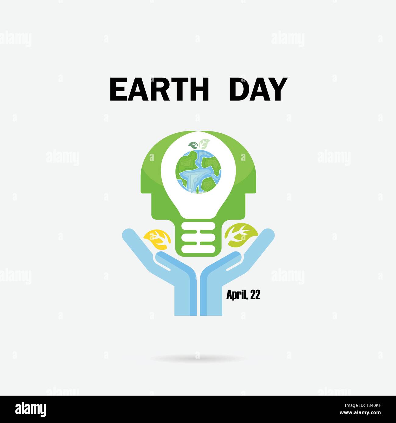 Menschliche Hände und Weltkugel mit Kopf Glühbirne Vektor logo Vorlage. Tag der Erde Kampagne Idee Konzept. Tag der Erde Idee, Kampagne für die Grußkarte, Stock Vektor