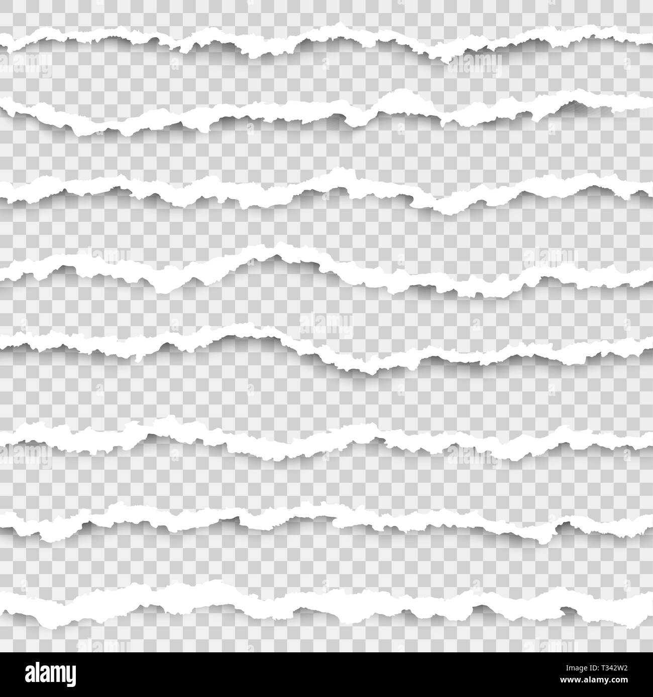 Eingestellt von zerrissenem Papier streifen. Abstrakte Papier Textur mit beschädigter Kante. Vector Illustration isoliert auf transparentem Hintergrund Stock Vektor