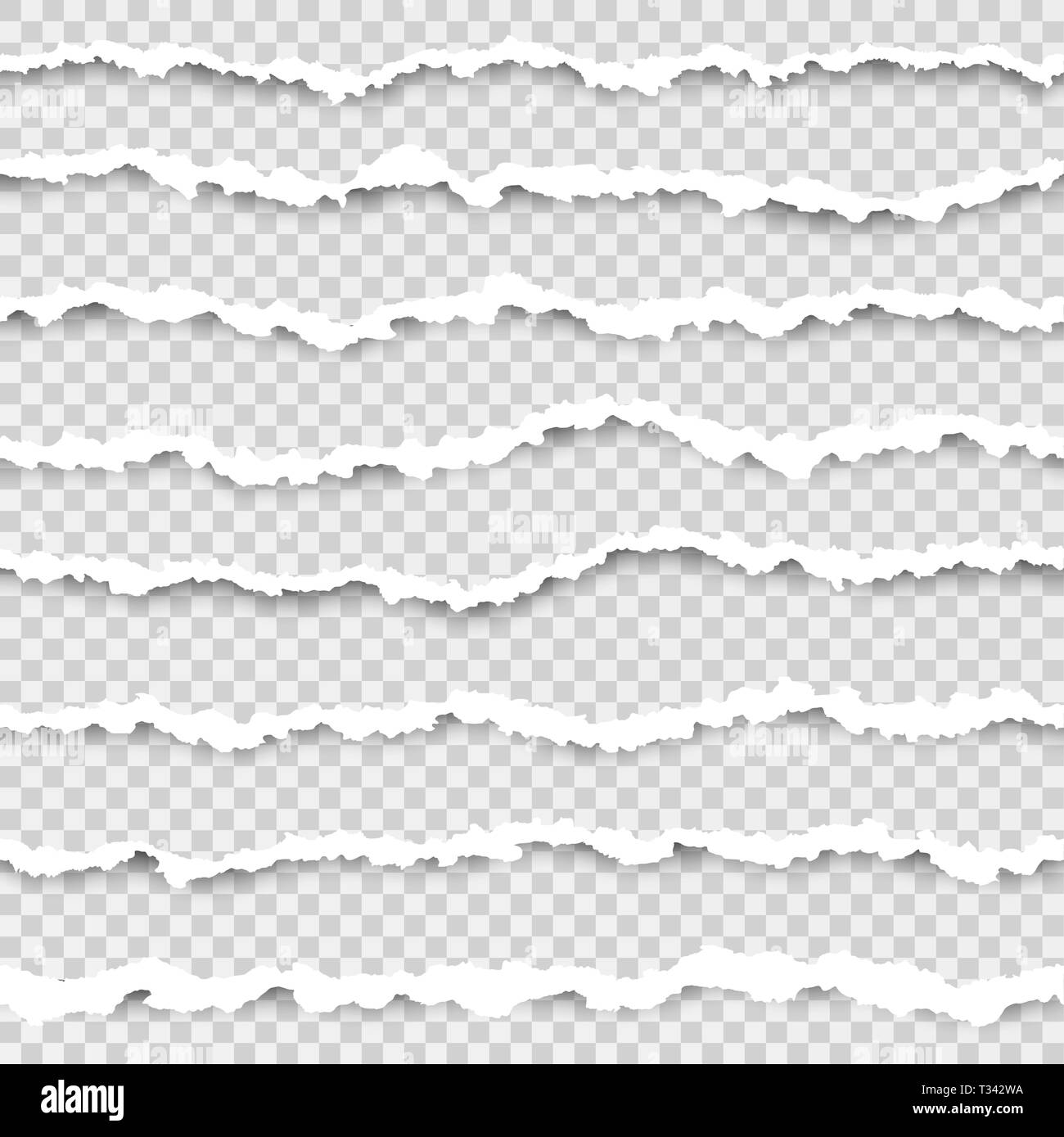 Eingestellt von zerrissenem Papier nahtlose horizontale Streifen. Abstrakte Papier Textur mit beschädigter Kante. Vector Illustration isoliert auf transparentem Hintergrund Stock Vektor