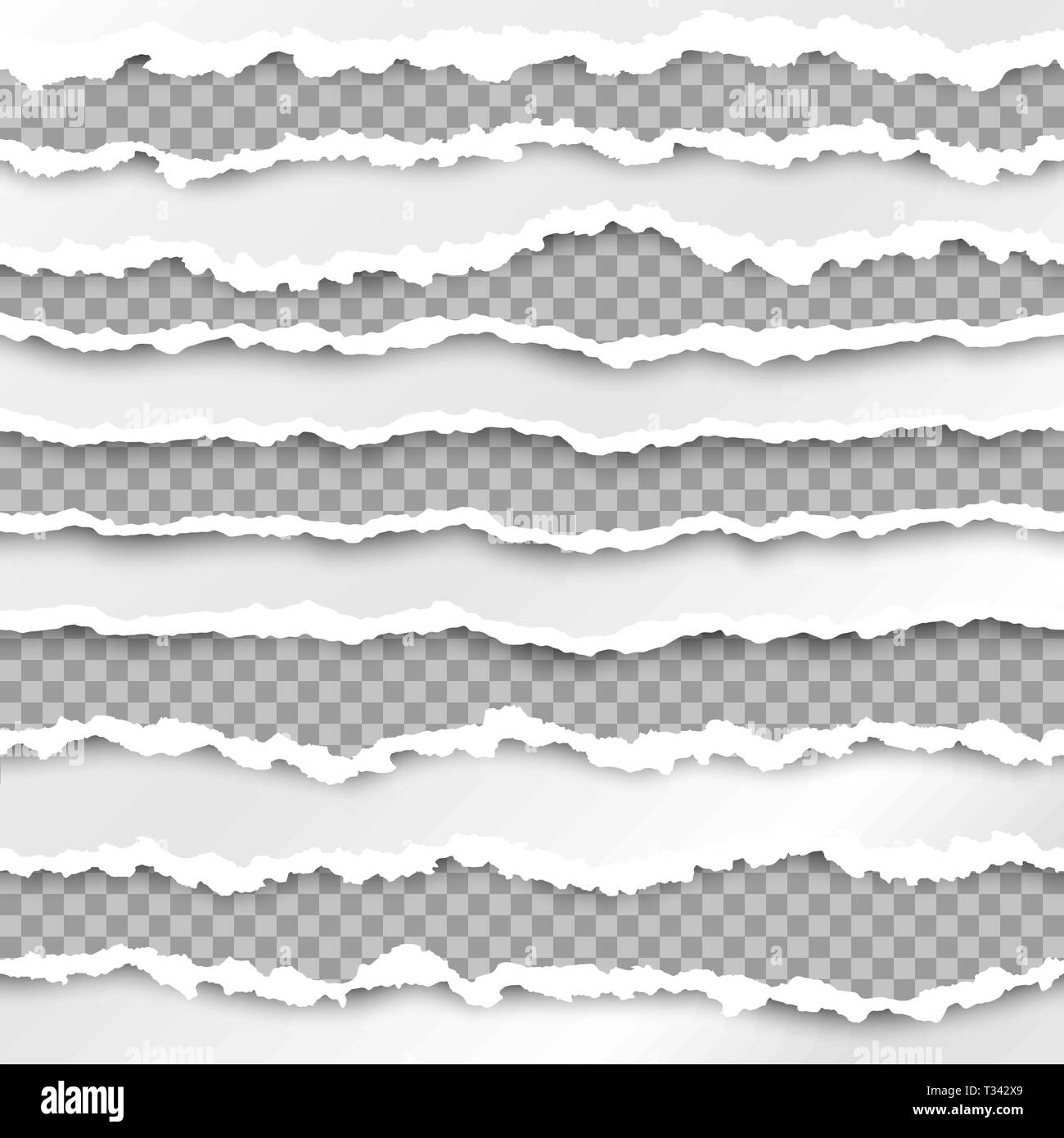 Papier Grenzen. Papier Textur mit beschädigter Kante auf transparentem Hintergrund isoliert. Vector Illustration Stock Vektor