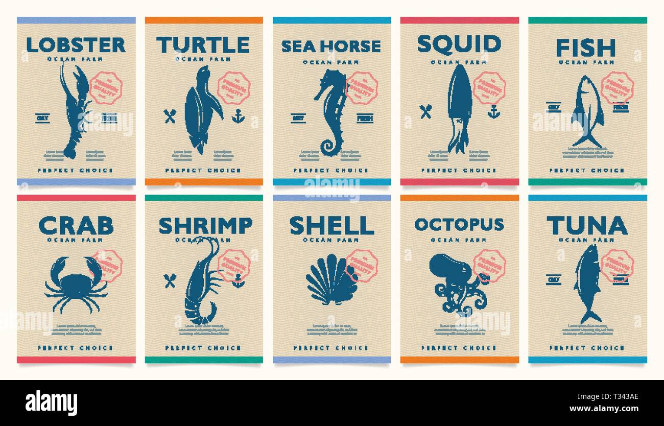 Marine Stimmungsplakat Konzept. Meeresfrüchte Banner Design Template für Marketing, Social Media, Werbung, Interieur oder Web. Retro und Vintage Style. Vektor Stock Vektor