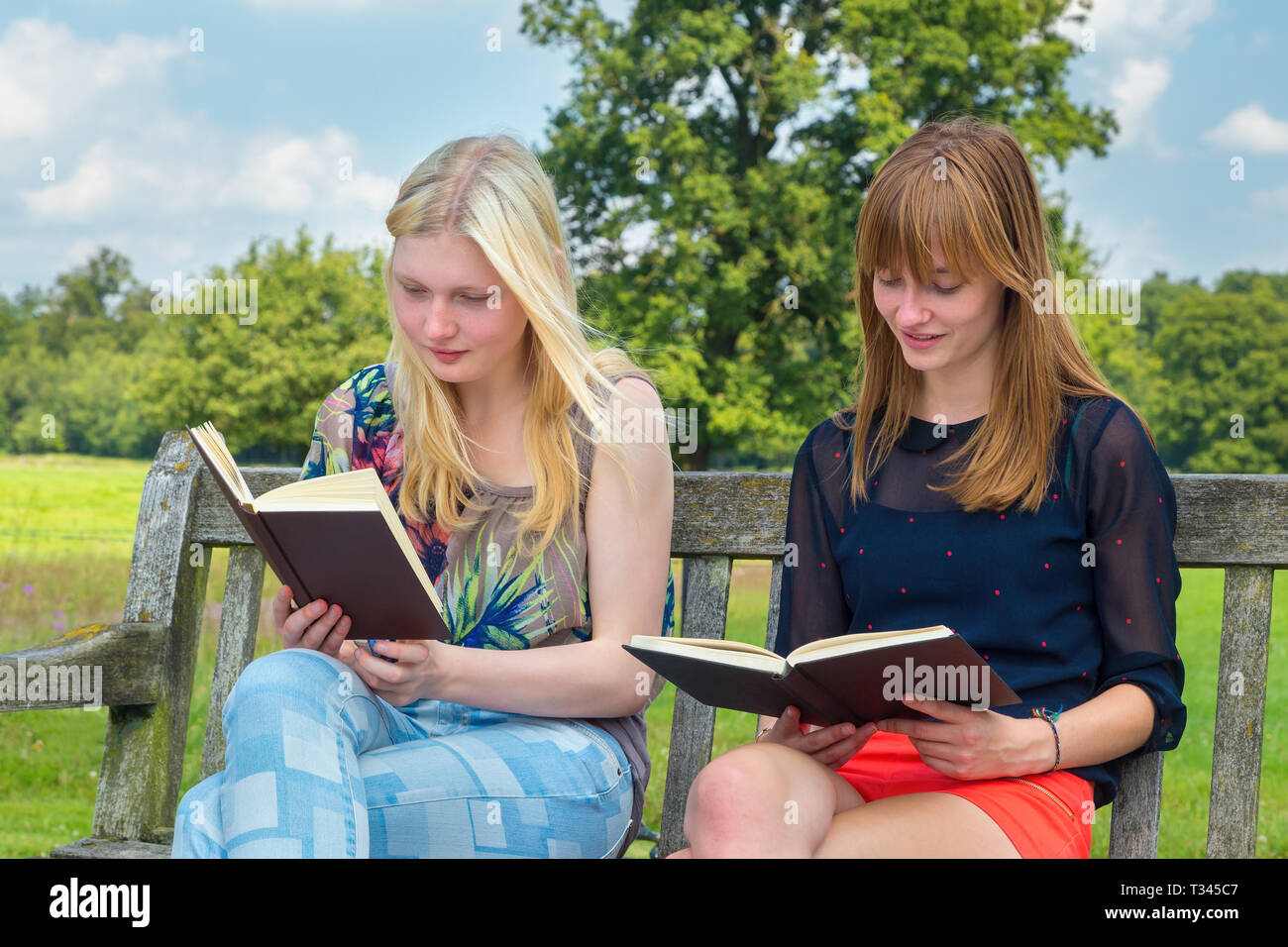 Zwei niederländische Jugendmädchen lesen Buch auf der Bank in der Natur Stockfoto