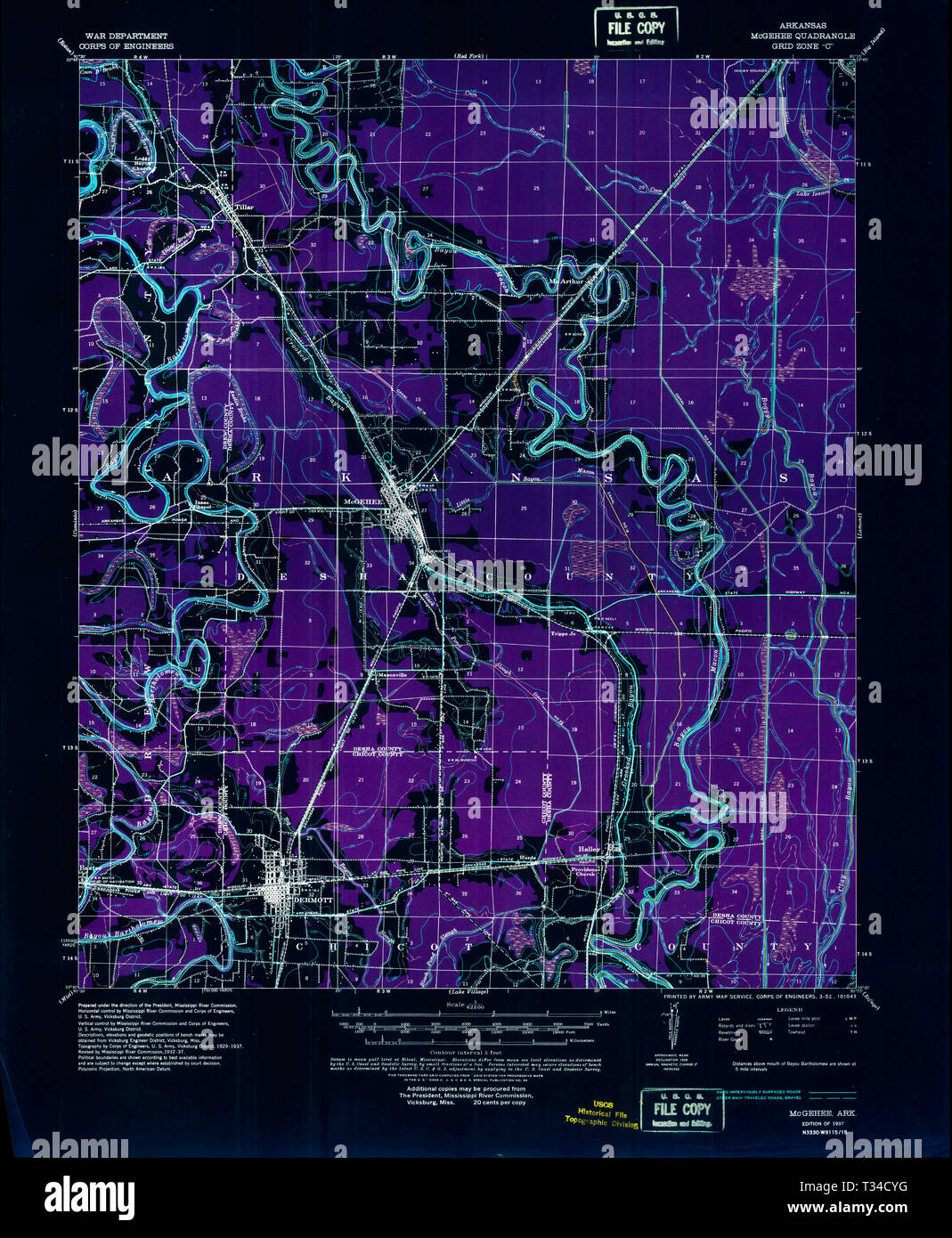USGS TOPO Karte Arkansas AR McGehee 260188 1937 62.500 invertiert Wiederherstellung Stockfoto