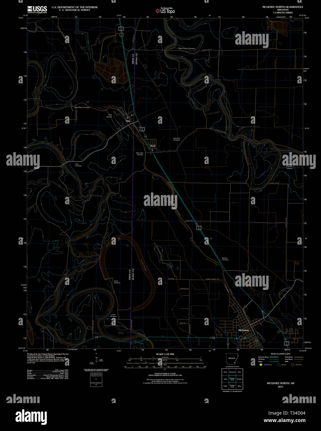 USGS TOPO Karte Arkansas AR McGehee Norden 20110815 TM invertiert Wiederherstellung Stockfoto