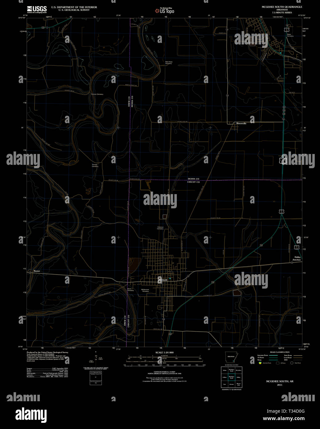 USGS TOPO Karte Arkansas AR McGehee Süd 20110809 TM invertiert Wiederherstellung Stockfoto