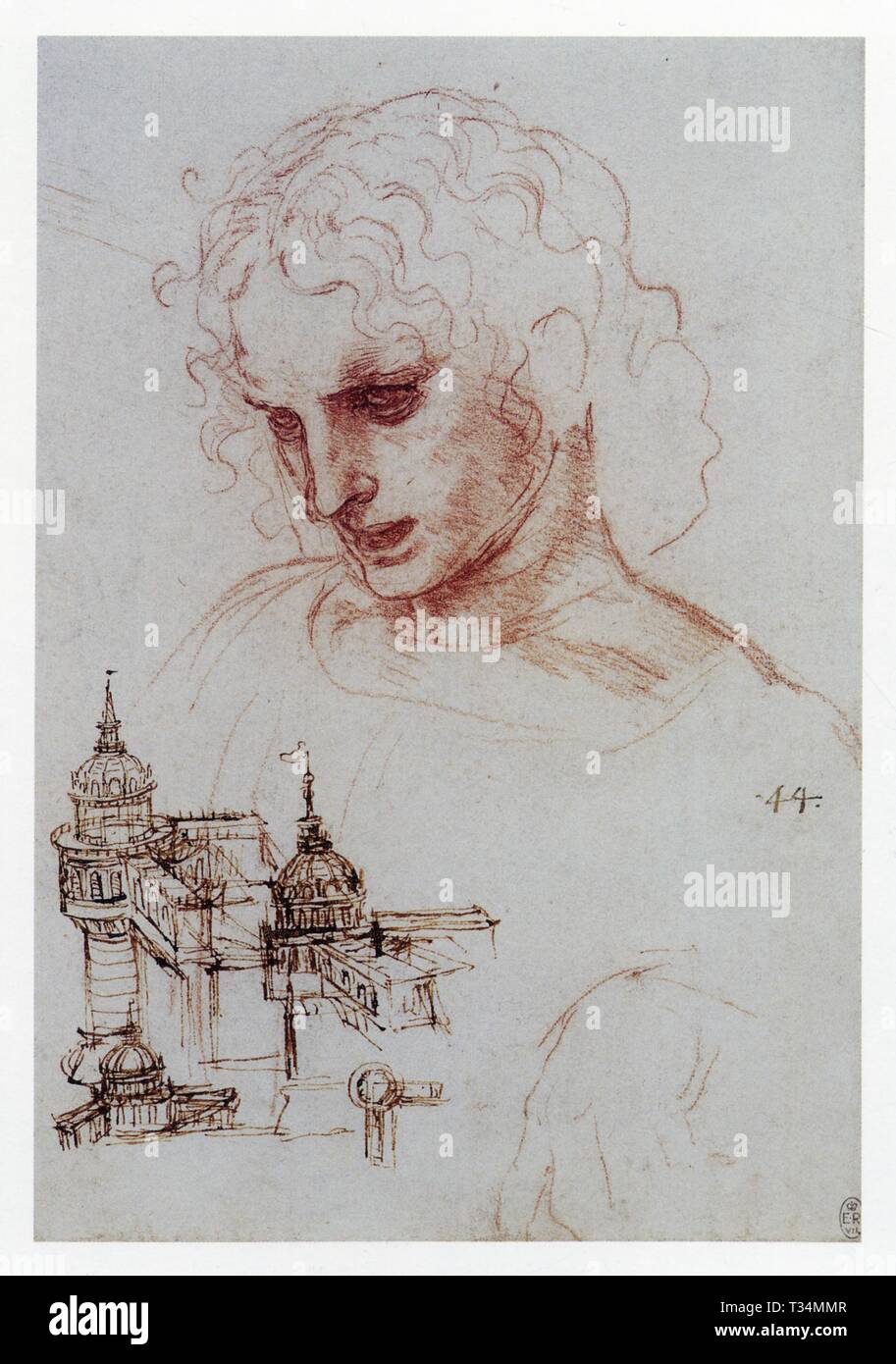 LEONARDO DA VINCI. STUDIEREN SIE FÜR DAS LETZTE ABENDESSEN. ST. JAMES DER GRÖSSERE UND ARCHITEKTONISCHE SKIZZEN. 1495. ROTE KREIDE, STIFT UND TINTE. 252 MM X 172 MM Stockfoto