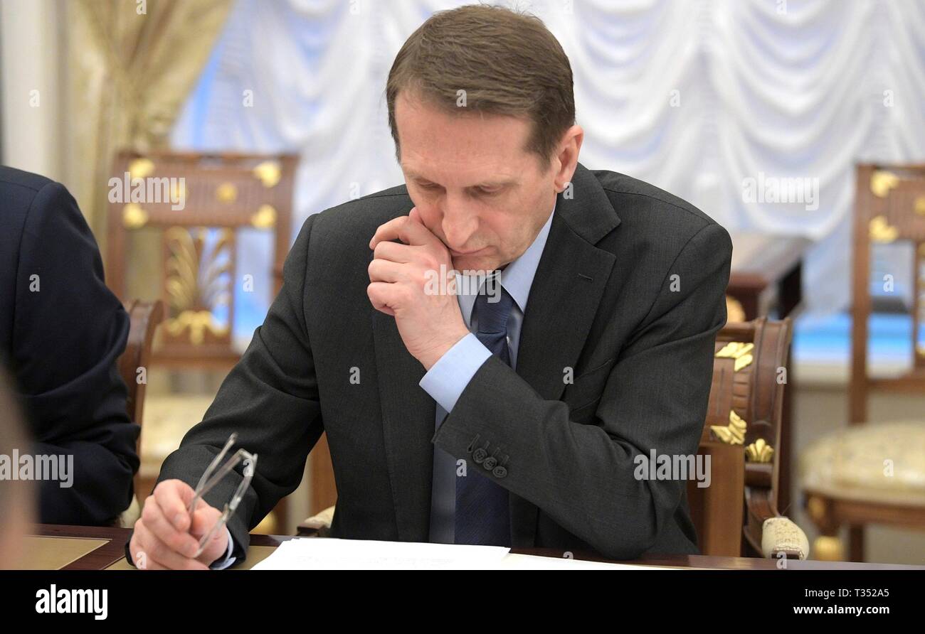 Moskau, Russland. 05 Apr, 2019. Russische Auslandsgeheimdienst Regisseur Sergei Naryshkin während einer Sitzung des russischen Sicherheitsrates im Kreml April 5, 2019 in Moskau, Russland. Credit: Planetpix/Alamy leben Nachrichten Stockfoto