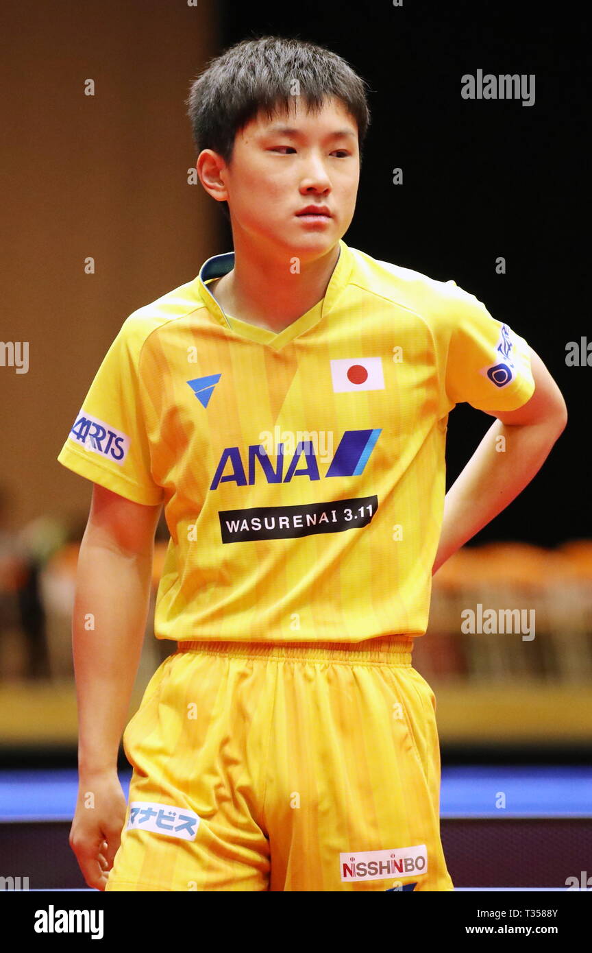 Tomokazu Harimoto (JPN), 6. APRIL 2019 - Tischtennis: 32 LION ITTF-attu Cup Yokohama 2019 Herren Einzel Viertelfinale an der Yokohama kulturellen Gymnasium, Kanagawa, Japan. (Foto von Sho Tamura/LBA SPORT) Stockfoto