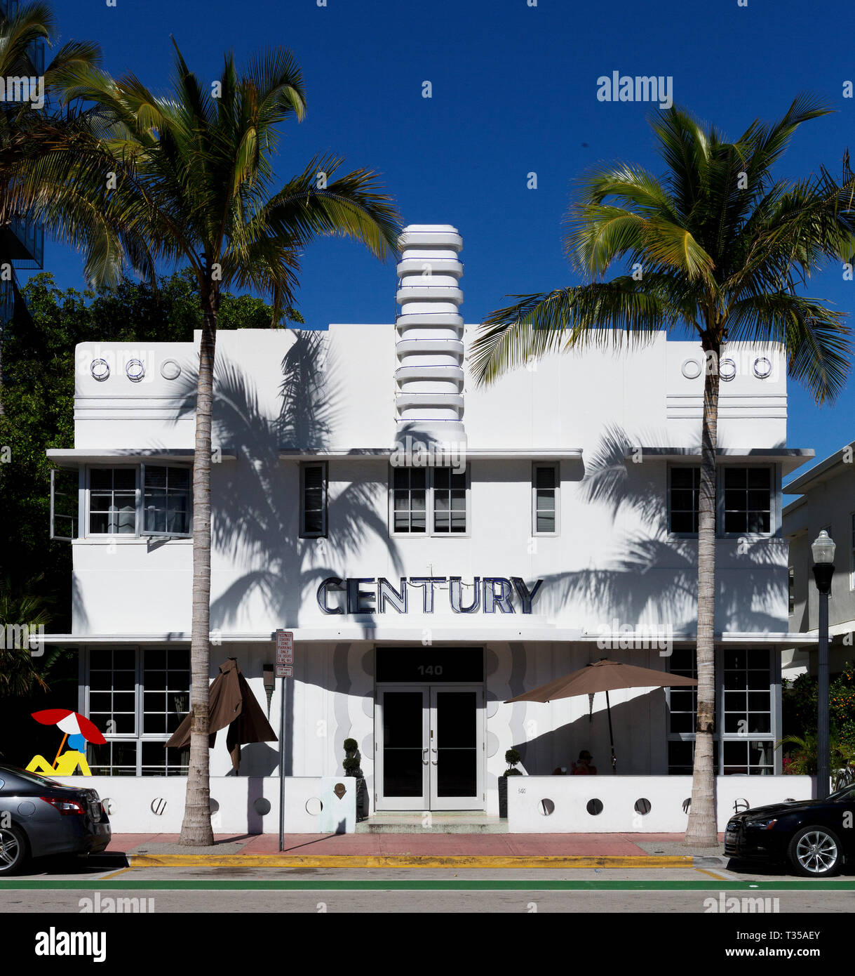 Jahrhundert Hotel Art Deco Architektur am Ocean Drive, South Beach, Miami, Florida, USA Stockfoto