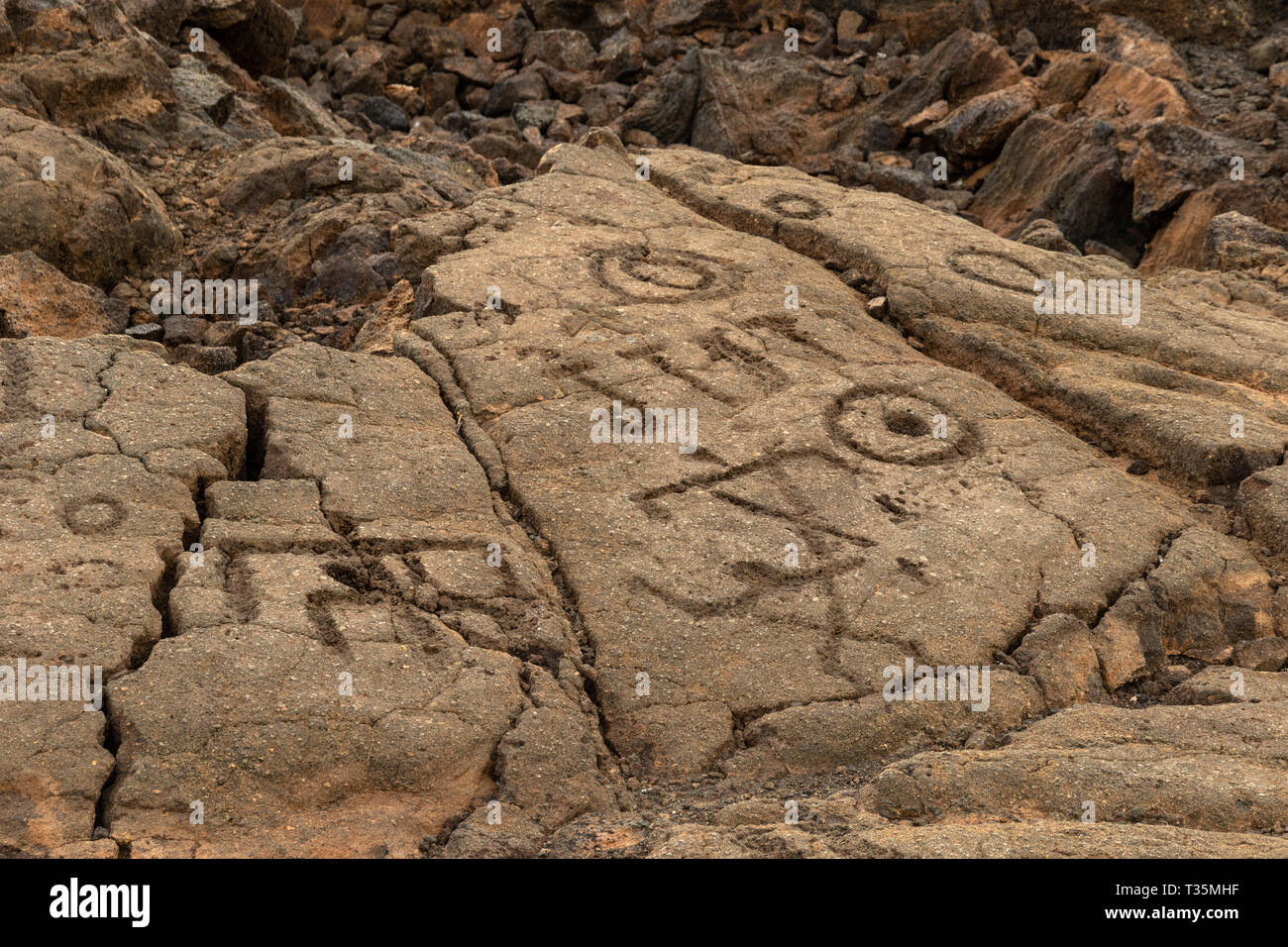 Felszeichnungen in Waikoloa Feld, auf der King's Trail ('Mamalahoa'), in der Nähe von Kona auf der grossen Insel von Hawaii. Stockfoto