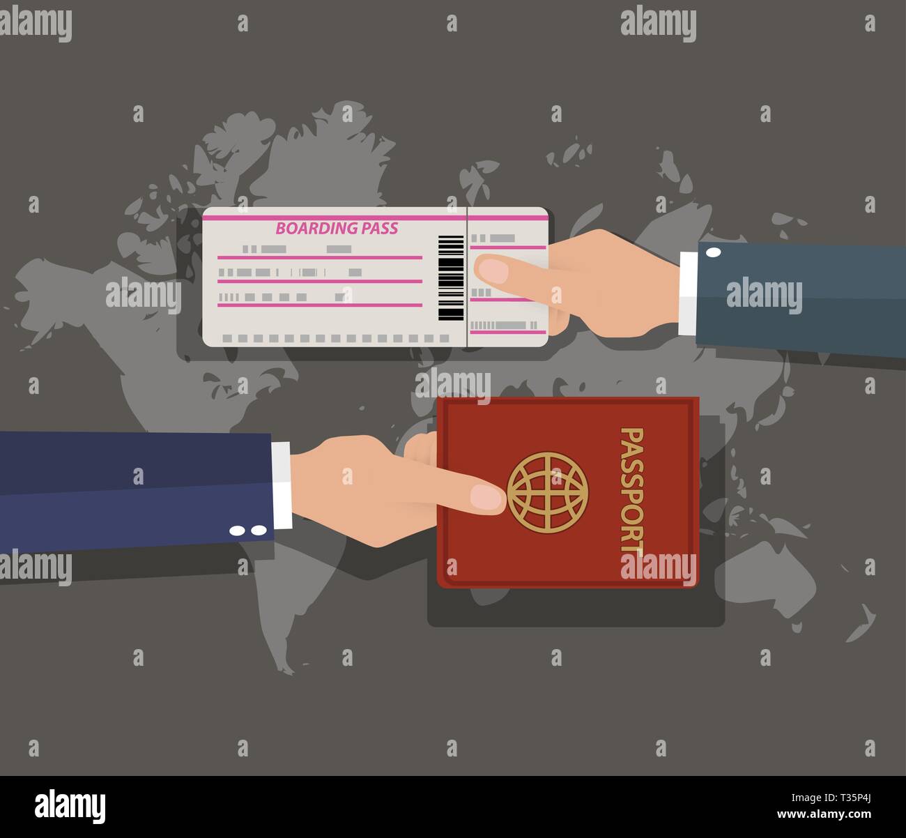 Reisepass mit Bordkarte auf Weltkarte Hintergrund. Vector Illustration in flacher Bauweise Stock Vektor