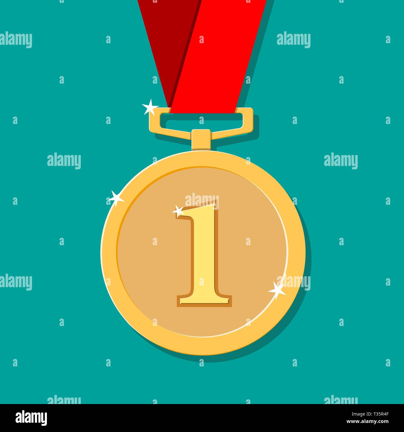 Goldene Medaille im flachen Stil mit Schatten. Gewinner award. ersten Platz, Leistung. Vector Illustration auf grünem Hintergrund Stock Vektor