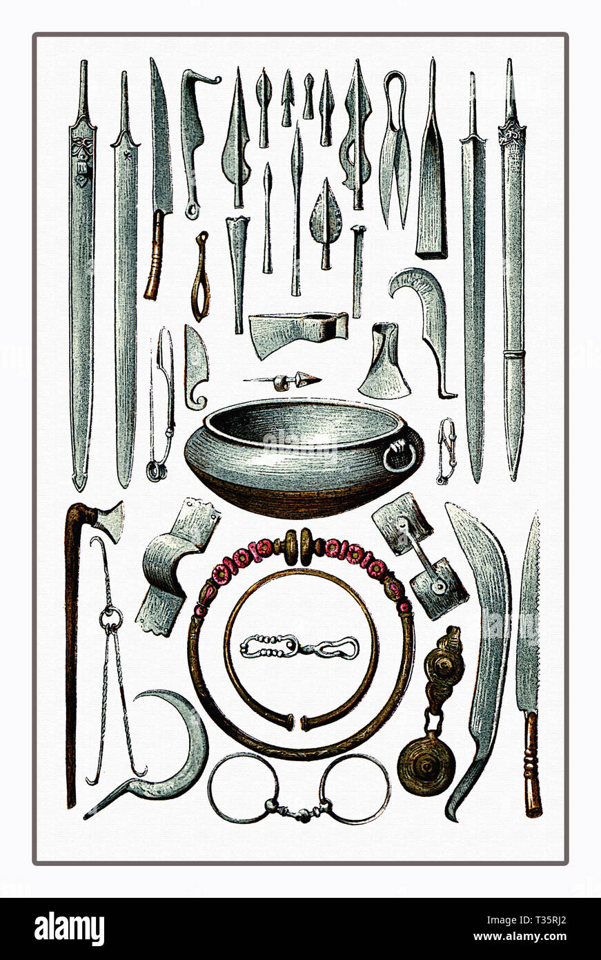 Waffen, Werkzeuge und Ornamente der europäischen Eisenzeit von der archäologischen Stätte von La Tene in der Schweiz in der Nähe des Neuenburgersees, Ca. 500 v. Chr. Stockfoto