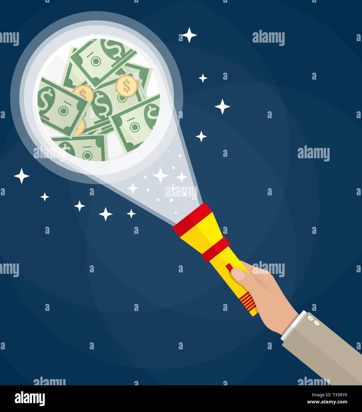 Cartoon Geschäftsmann hand mit roten Taschenlampe siehe Geld. Business Inspektion Konzept. Vector Illustration im flachen Design auf dunklem Hintergrund Stock Vektor