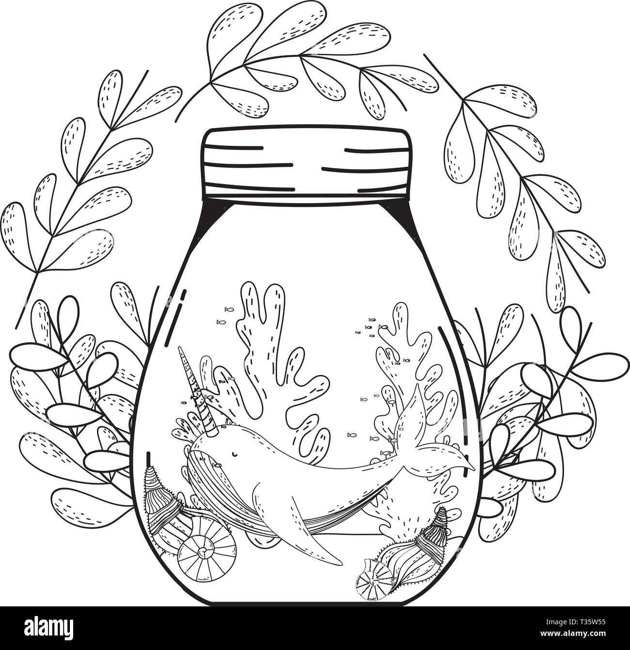 Cute narval im Marmeladenglas mit Kranz blumen Vector Illustration Design Stock Vektor