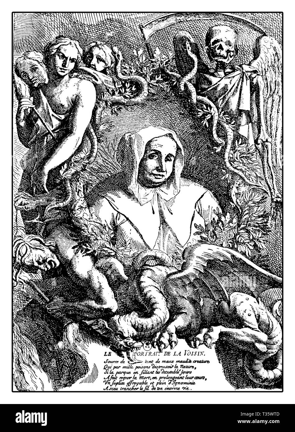 Allegorische Portrait mit Winged devil von Catherine Monvoisin gut bekannten französischen poisoner aus dem XVII Jahrhundert, Wahrsagerin, Hebamme, Abtreibungen Anbieter und professionelle Zauberei für Hexerei durch Verbrennen auf dem Spiel im Jahre 1680 ausgeführt Stockfoto