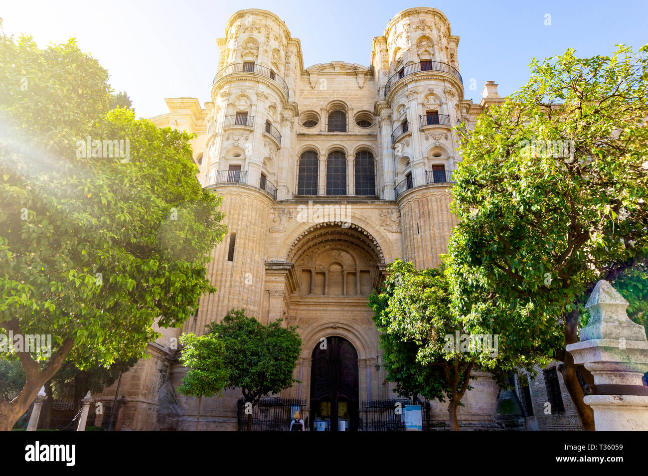 Kathedrale der Menschwerdung in Malaga, Spanien im Garten in der Sonne Stockfoto