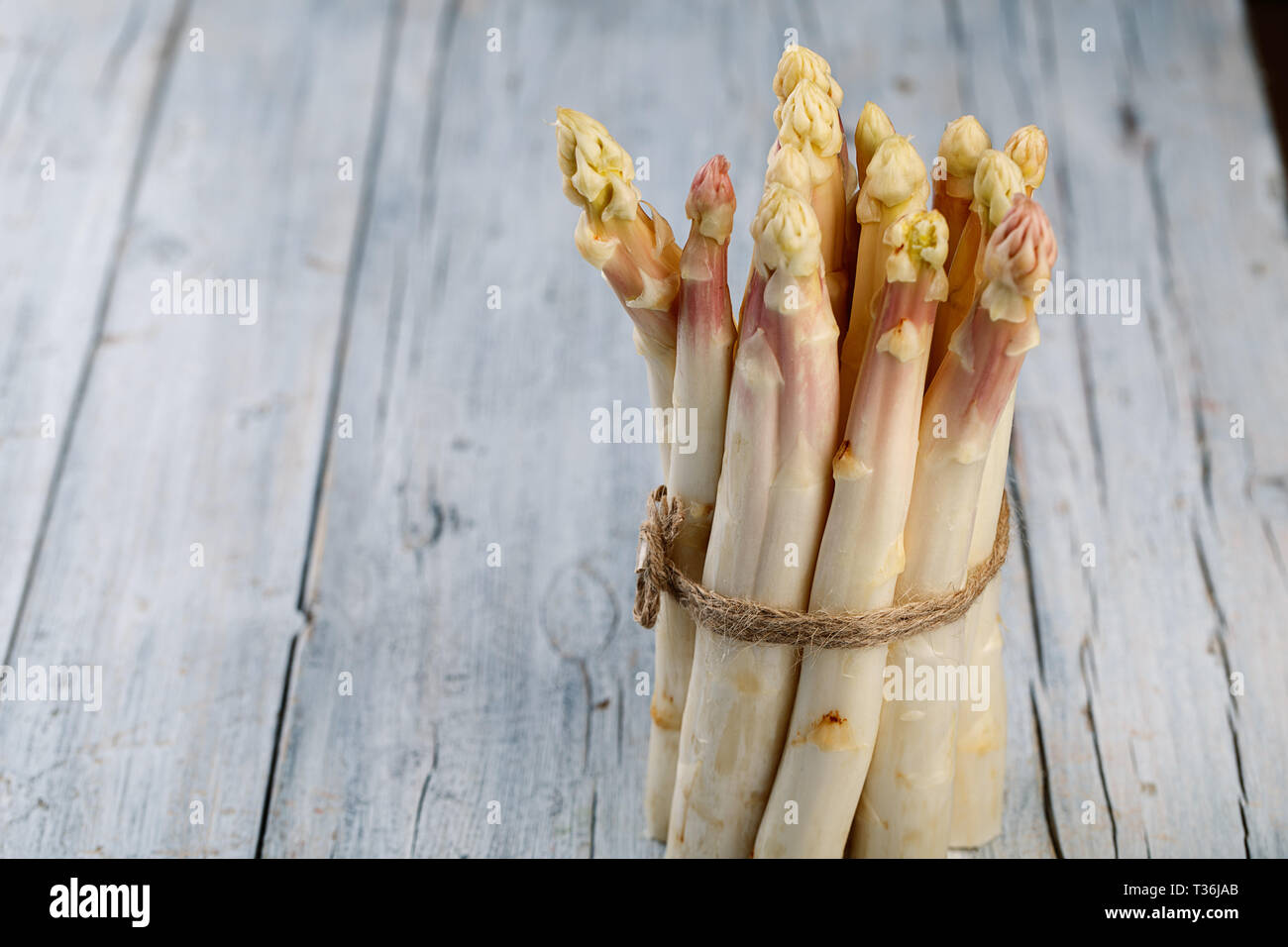 Bündel von frischem ungeschälten weißen Spargel im Frühjahr Stockfoto