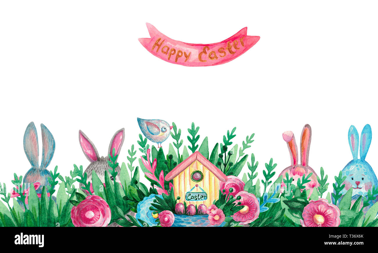 Banner Frühling Ostern Zusammensetzung Haus Warenkorb Branchen blumen Eier auf weißem Hintergrund isoliert. Festliche symbolische Elemente Stockfoto