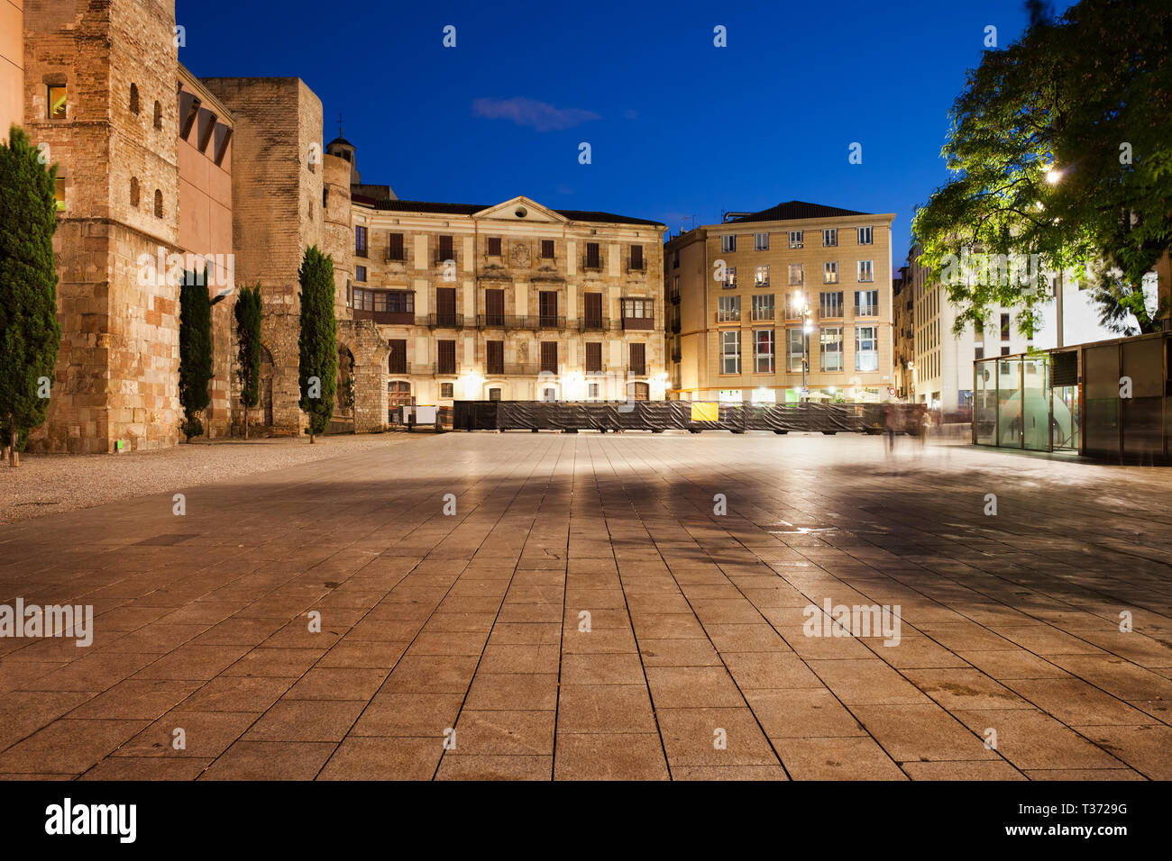 Placa Nova Square bei Nacht im Gotischen Viertel (Barri Gòtic) in Barcelona, Katalonien, Spanien. Stockfoto