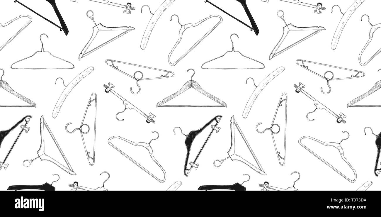 Nahtlose Muster mit Kleiderbügeln. Hand gezeichnet, auf einem weißen Hintergrund. Vector Illustration Stock Vektor