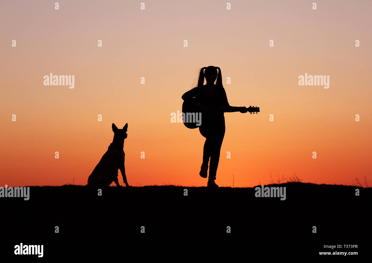 Silhouettegirls Gitarrist auf Sonnenuntergang Hintergrund, Silhouette einer Hunderasse Belgischer Schäferhund Malinois, glücklich, Freunde, outdoor Stockfoto