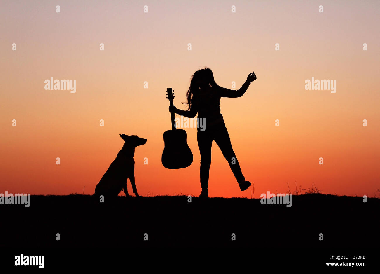 Silhouettegirls Gitarrist auf Sonnenuntergang Hintergrund, Silhouette einer Hunderasse Belgischer Schäferhund Malinois, glücklich, Freunde, outdoor Stockfoto