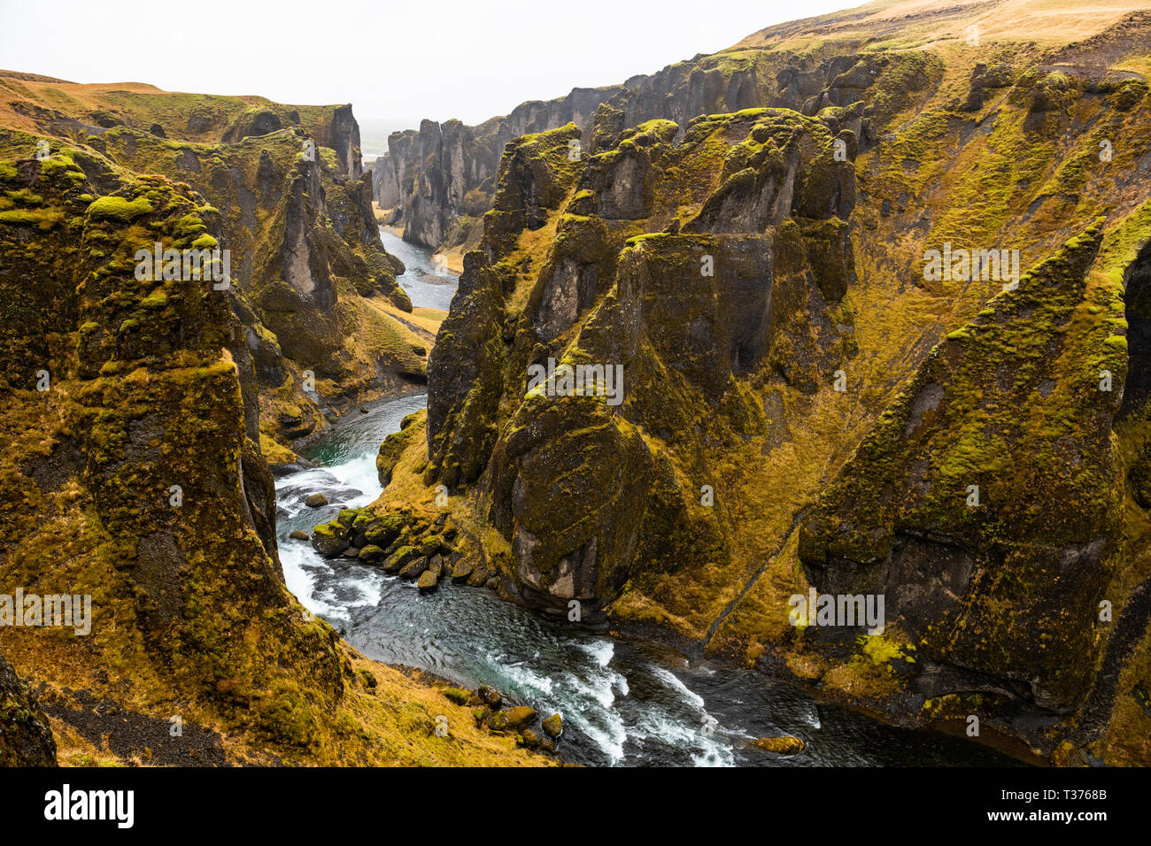 Fjaðrárgljúfur ist eine prachtvolle und massive Canyon, etwa 100 Meter tief und etwa zwei Kilometer lang. Die Schlucht mit steilen Wänden, und ist etwas s Stockfoto