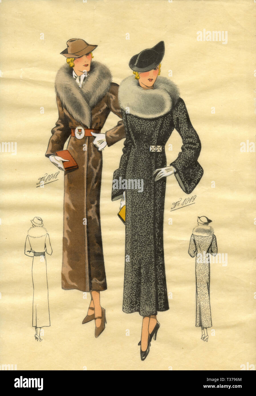 Französische Vintage Mode Skizze, Frau Mäntel 1930s Stockfoto