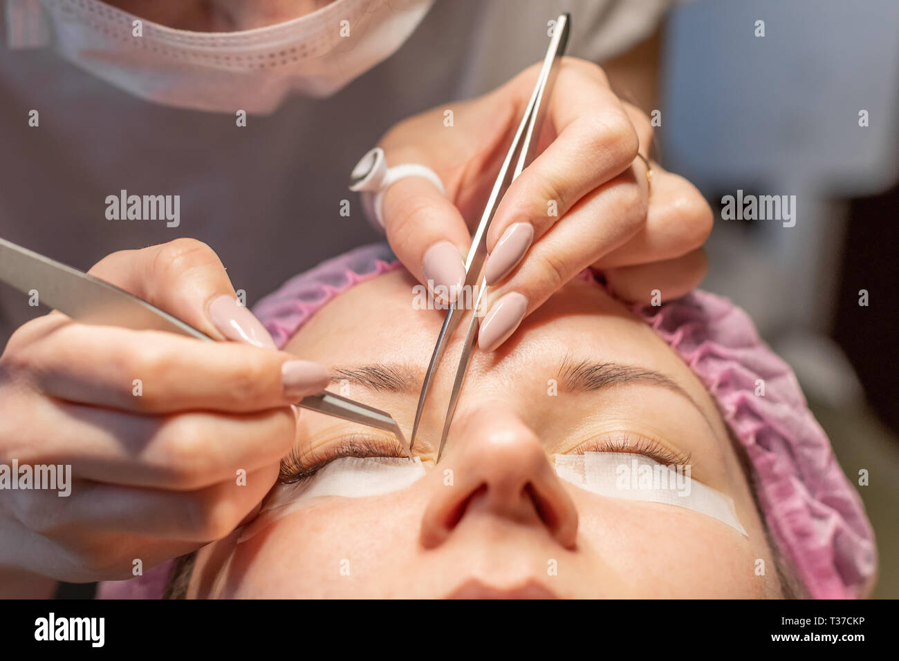 Professionellen Kosmetikerin, künstliche Wimpern. Eyelash Extension verfahren. Weibliche Augen mit langen Wimpern. Wimpern, Nahaufnahme, selektiven Fokus Stockfoto