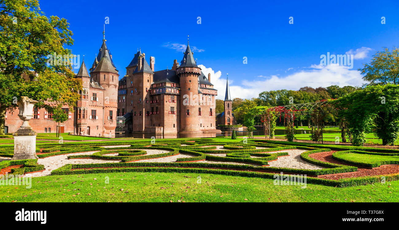 Beeindruckende mittelalterliche Burg de Haar, Panoramaaussicht, Niederlande. Stockfoto