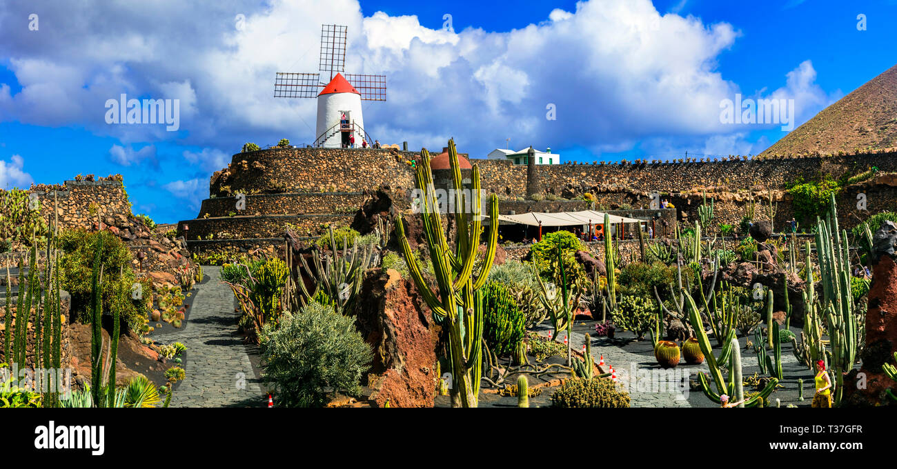 Traditionelle Windmühle im Botanischen Garten, Insel Lanzarote, Spanien Stockfoto