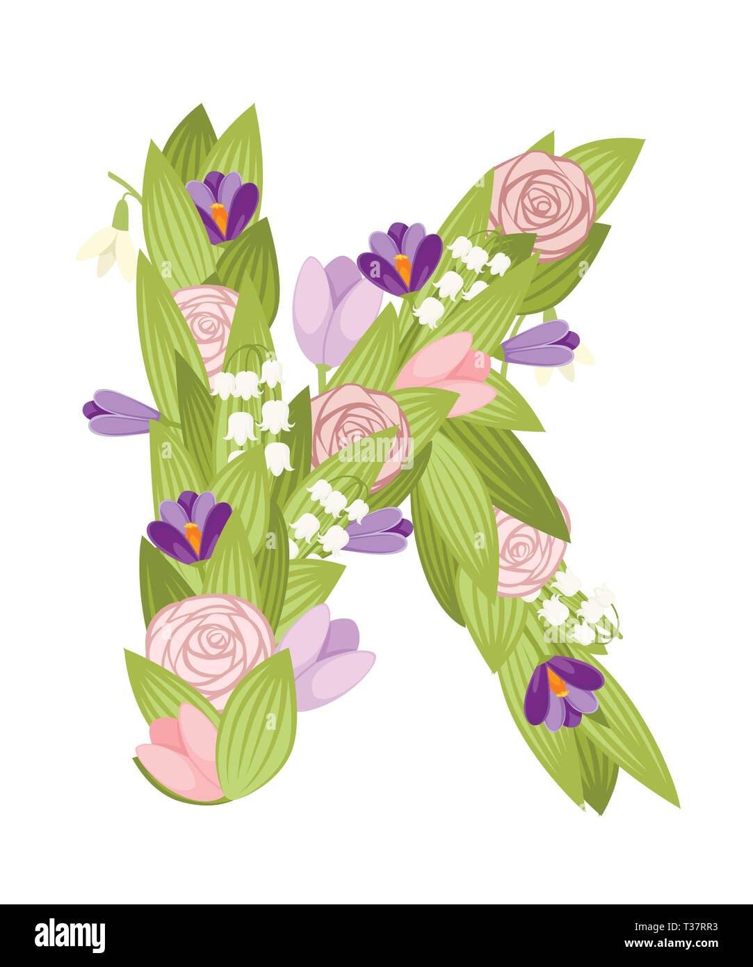 K schreiben. Cartoon Blume font Design. Brief mit Blüten und Blättern. Flache Vector Illustration auf weißem Hintergrund. Stock Vektor