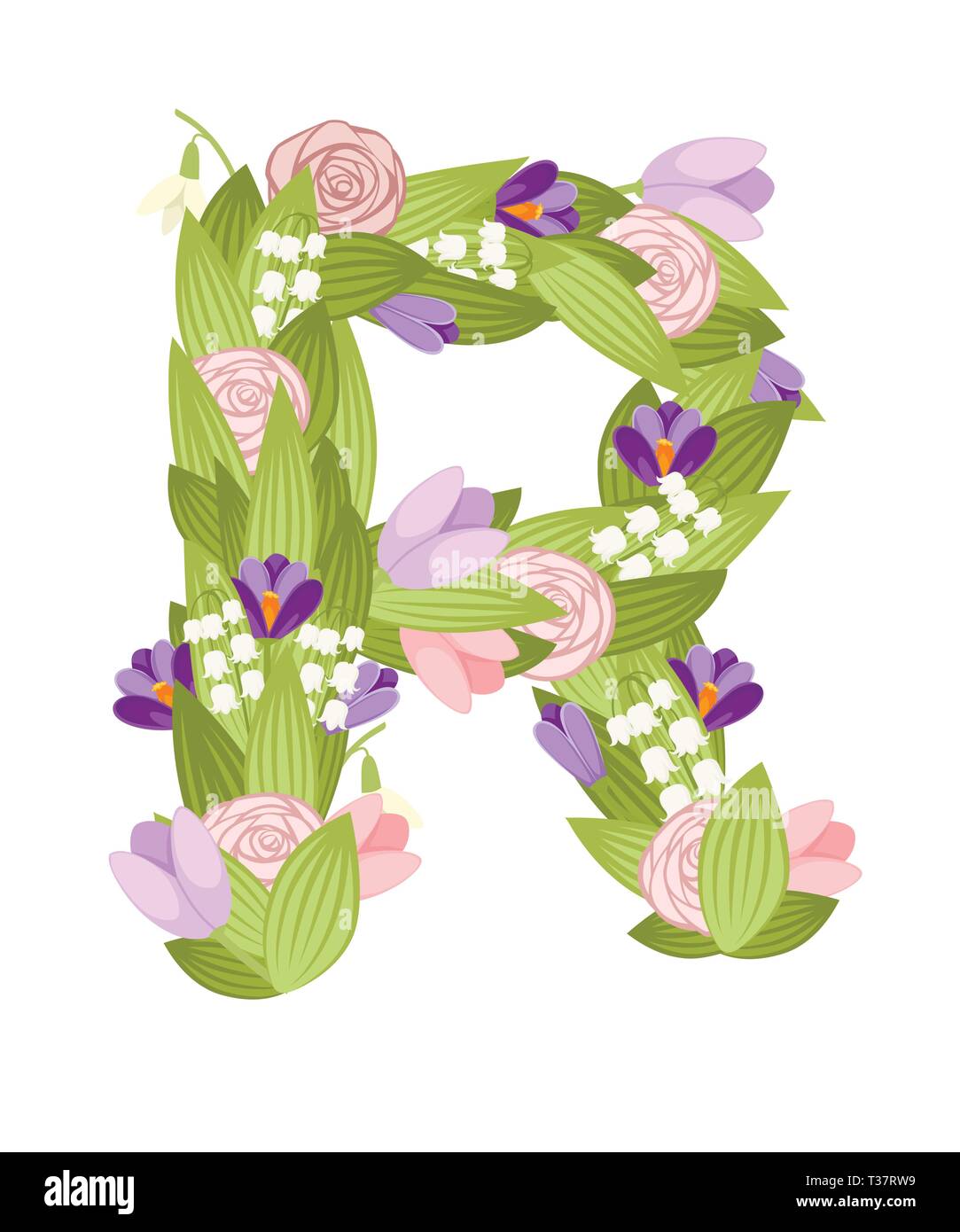 R schreiben. Cartoon Blume font Design. Brief mit Blüten und Blättern. Flache Vector Illustration auf weißem Hintergrund. Stock Vektor