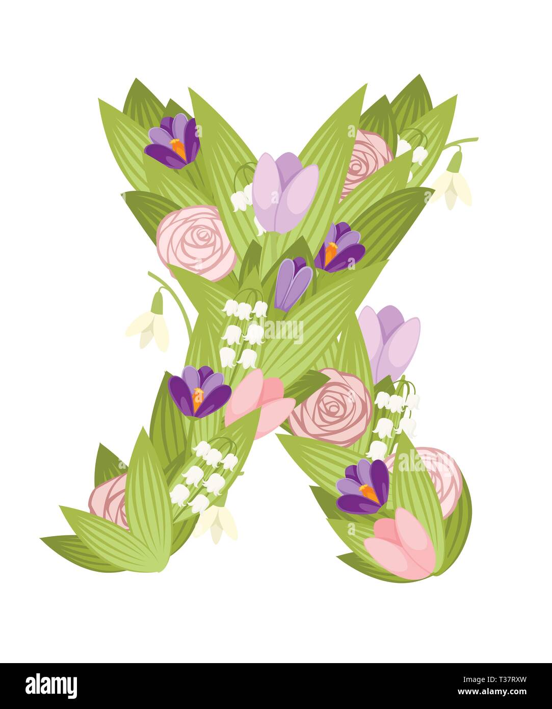 X schreiben. Cartoon Blume font Design. Brief mit Blüten und Blättern. Flache Vector Illustration auf weißem Hintergrund. Stock Vektor