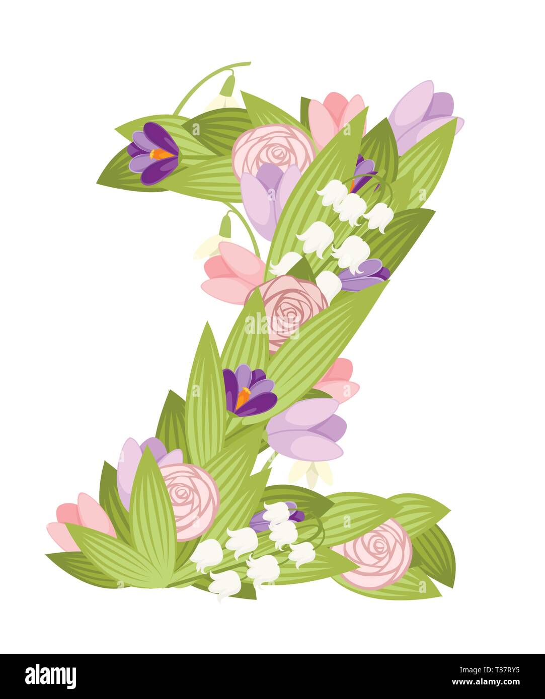 Z schreiben. Cartoon Blume font Design. Brief mit Blüten und Blättern. Flache Vector Illustration auf weißem Hintergrund. Stock Vektor