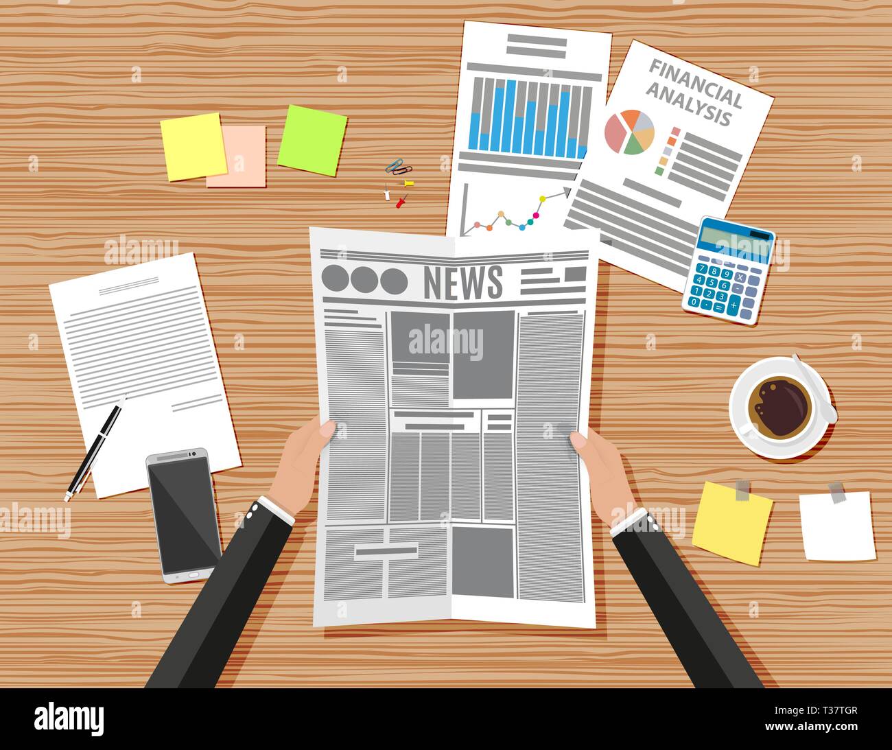 Geschäftsmann Arbeitsplatz Schreibtisch aus Holz. Hände mit Zeitung. Tabelle mit Kaffeetasse, Smartphone, finanzielle Dokumente, Stifte, Taschenrechner, Haftnotizen. Vektor Stock Vektor