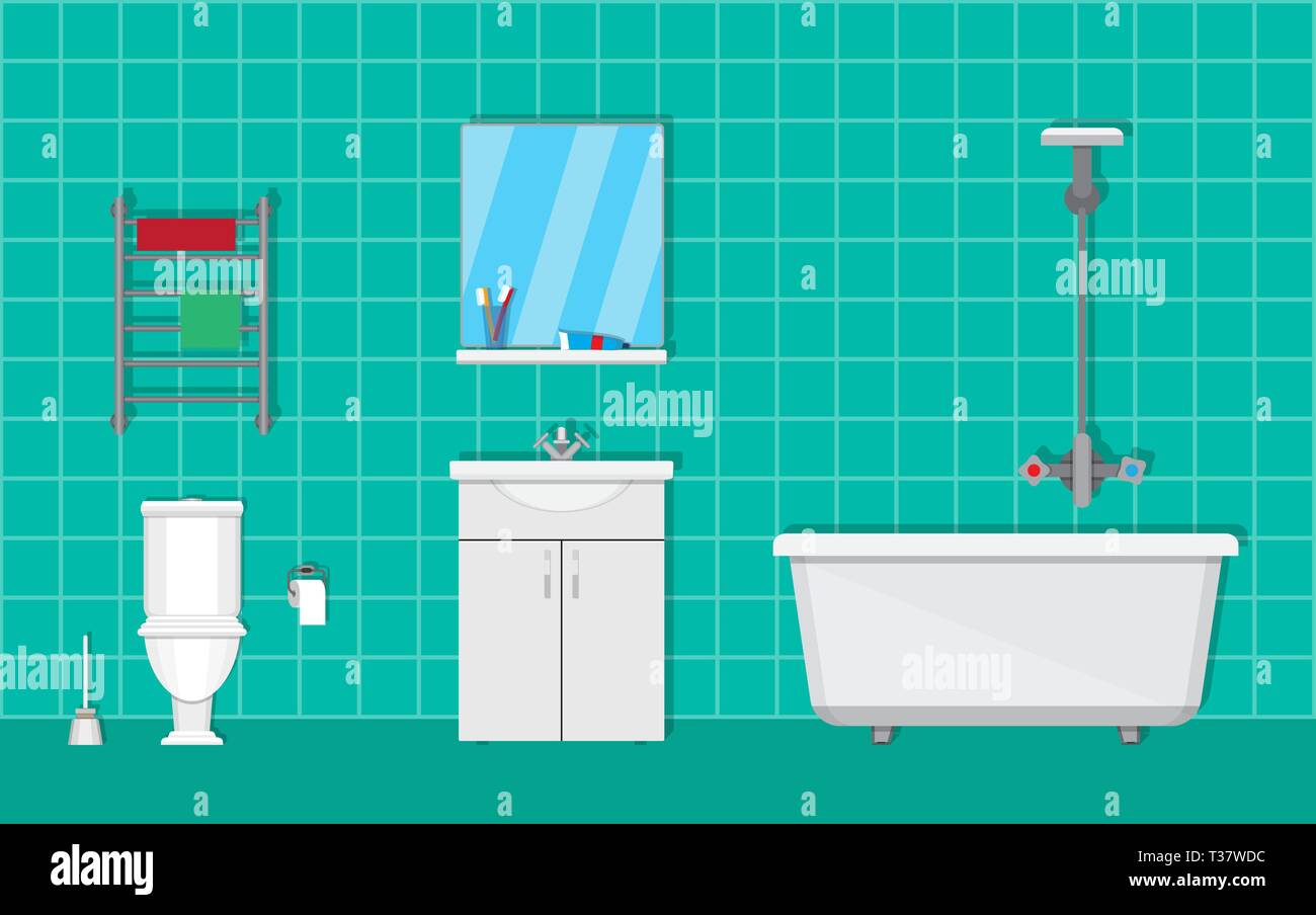 Badezimmer mit Möbeln. Waschbecken mit Spiegel, Bad mit Badewanne, Handtuchtrockner. Wc, Papier und Pinsel. Vector Illustration im flachen Stil auf grünem Hintergrund Stock Vektor