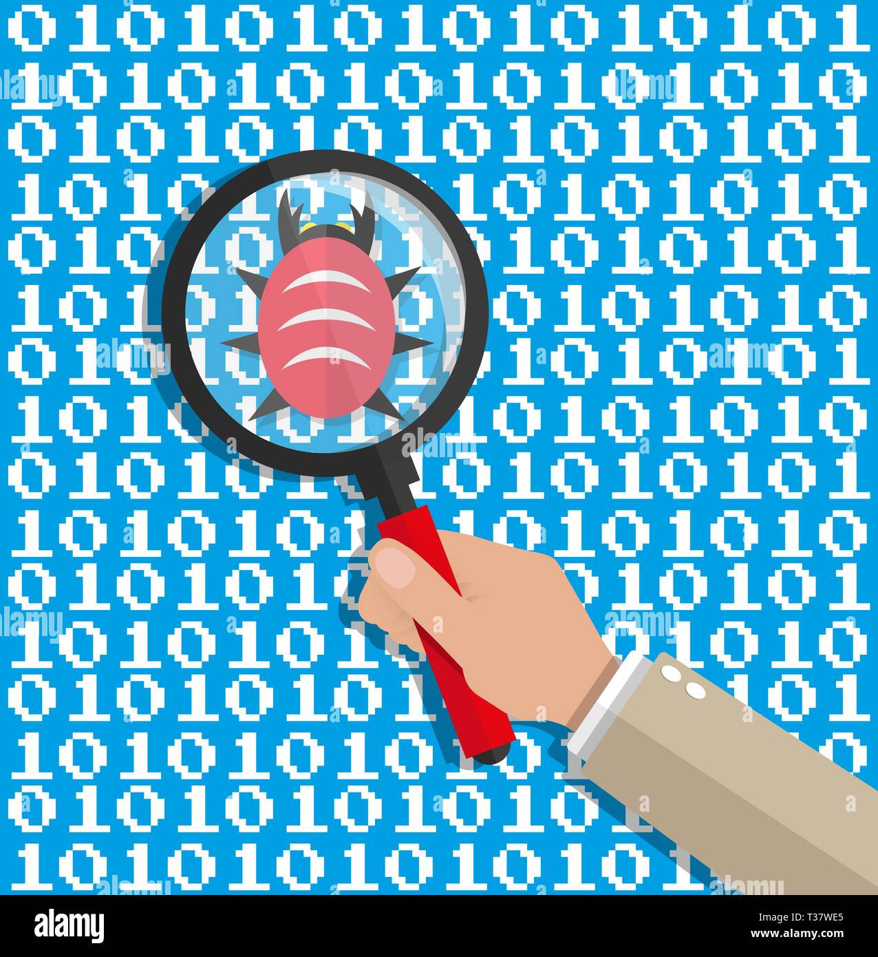 Hand mit Lupe scannen Digital Software Code für Bugs. software testing Qualitätssicherung. antivirus Soft. Vector Illustration in flachen Styl Stock Vektor