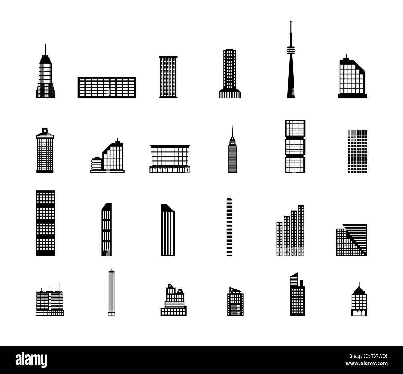 Satz von verschiedenen städtischen Gebäude. Wohn- und Bürogebäuden, Fernsehturm. Vector Illustration im flachen Stil auf weißem Hintergrund Stock Vektor