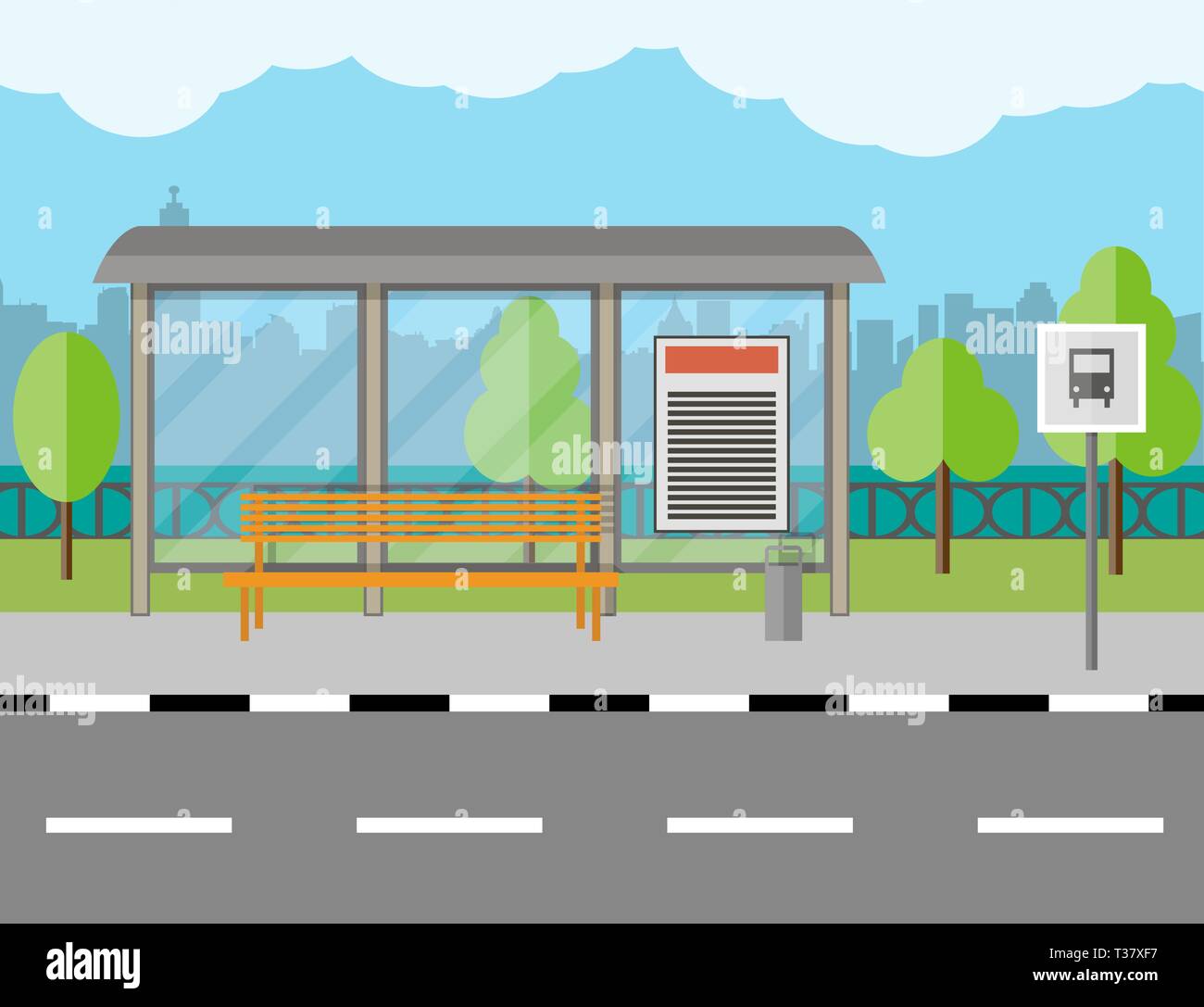 Leeren Bus Stop mit Sitzbank und Abfallbehälter, Stadt, Hintergrund, Baum, blauer Himmel mit Wolken Stock Vektor