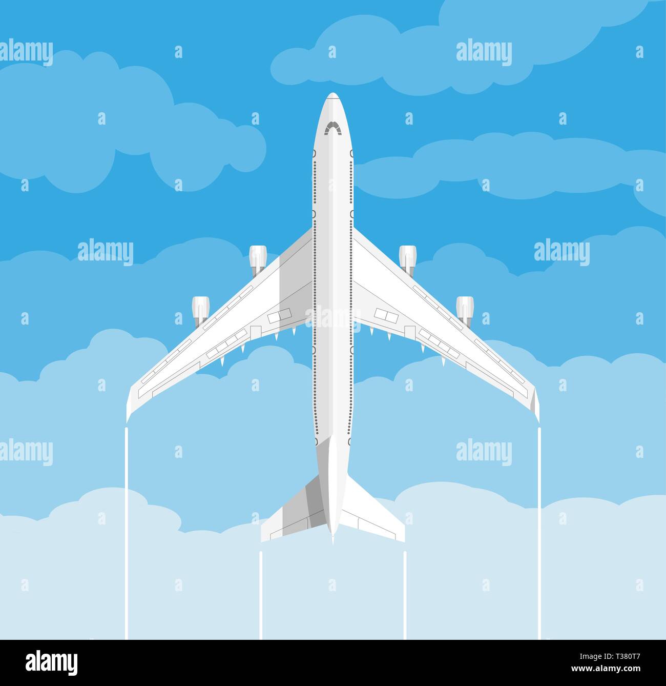 Bild von einem weißen ziviles Flugzeug mit Wolken. Vector Illustration im flachen Design. travel Concept Stock Vektor