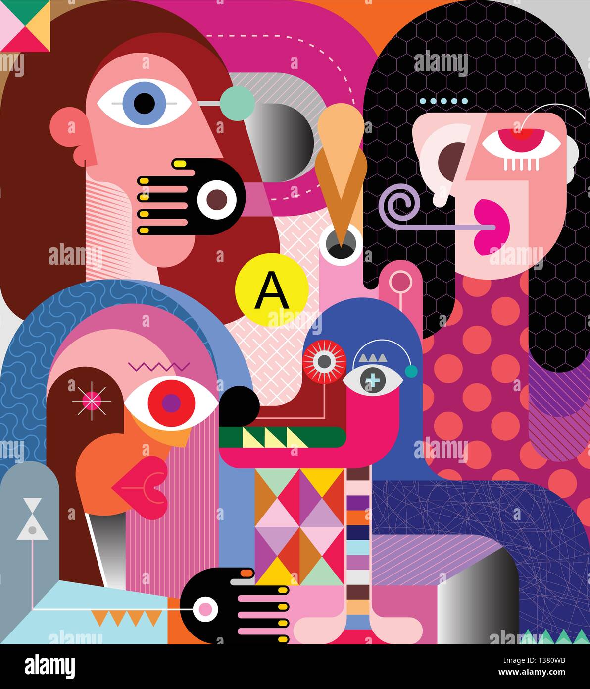 Drei Frauen und ein Hund moderne Kunst Vector Illustration. Stock Vektor