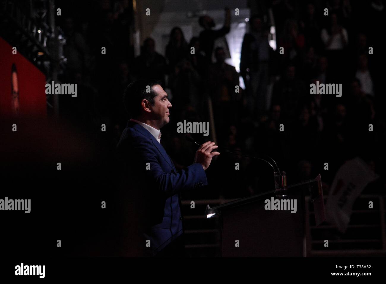 Athen, Griechenland. 6 Apr, 2019. Premierminister und Präsident von SYRIZA Alexis Tsipras gesehen Sprechen während der Panhellenischen Konferenz der SYRIZA politische Partei davon aus, Athen. Credit: Giorgos Zachos/SOPA Images/ZUMA Draht/Alamy leben Nachrichten Stockfoto